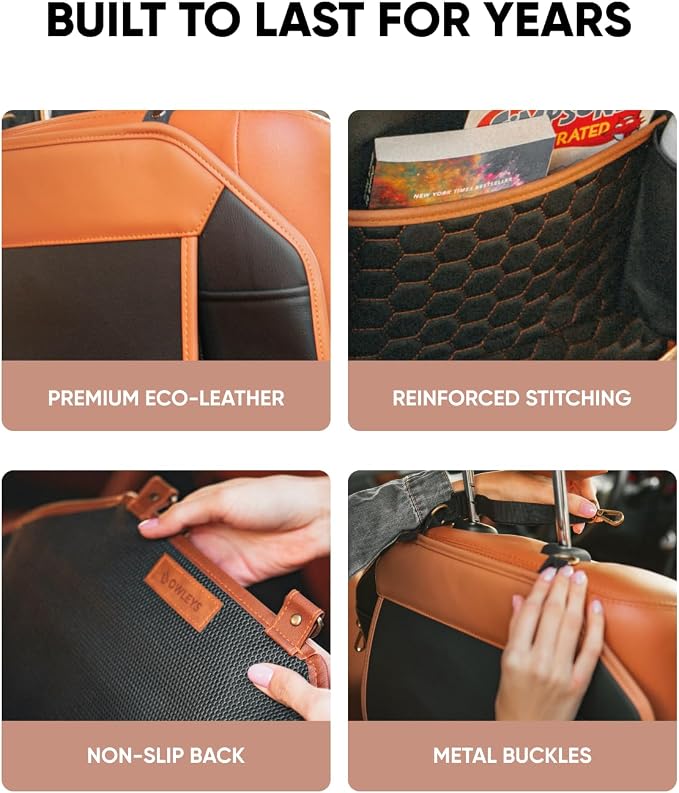 Owleys Back of Seat Organizer for Kids | Car Storage Caddy – 8 Pockets + Transparent Tablet Holder | Waterproof Eco-Leather | 27.5' x 18.5' | Brown+Black | Hanging faux leather backseat organizer, 8 pockets plus a clear tablet pocket, doubles as a kick...