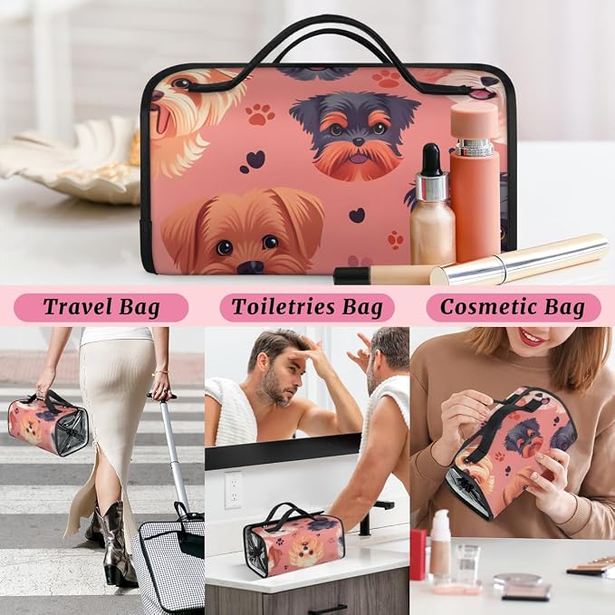 Dogs Makeup Bag for Women Hanging Roll-Up Travel Organizer Toiletry Kit with 4 Removable Compartments, Cute