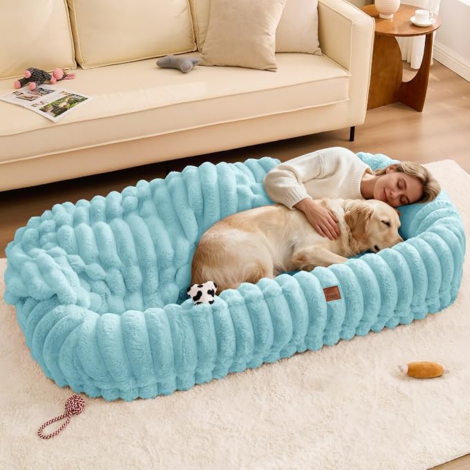 ChiXnuggle Orthopedic Human Dog Bed,Striped Faux Fur Washable Cover,Blanket | blue,72*40*10,giant dog bed for adult or extra large dogs,egg crate foam,non-slip bottom