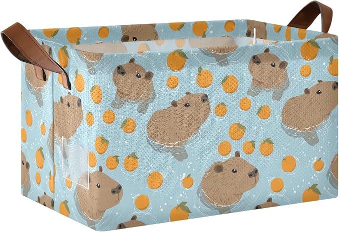 Orange and Swimming Capybara Storage Basket Foldable Cube Storage Bins with Handles&Label Waterproof Collapsible Organizer Box Bin Large Rectangle Decorative Baskets for Shelves Home Room Laundry