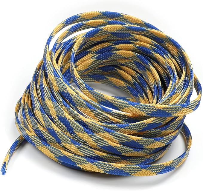 Jutagoss PET Expandable Braided Cable Sleeve, 32.8ft - 5/16 inch Blue Yellow Cable Management Sleeve, Wire Loom Tube Cord Protector for USB Cable, Power Cord, Audio Video and More, 1Pc
