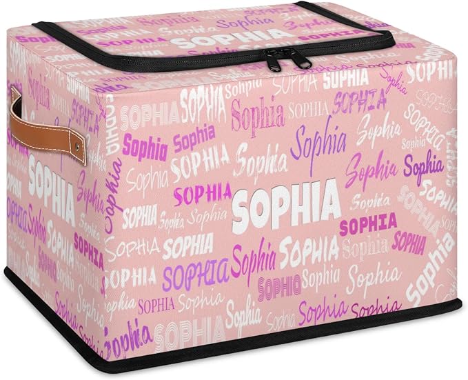 Custom Storage Baskets for Kids with Name, Pale Pink Background Large Foldable Organizer Collapsible Storage Bin with Zipper Lid Leather Handle for Home Toys Closet Nursery