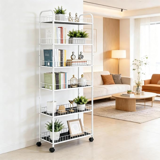 10in 6 Tier Slim Storage Cart with Wheels,White Narrow Space Rolling Shelving Unit, Metal Wire Mobile Organizer Rack for Kitchen Bathroom Office Laundry