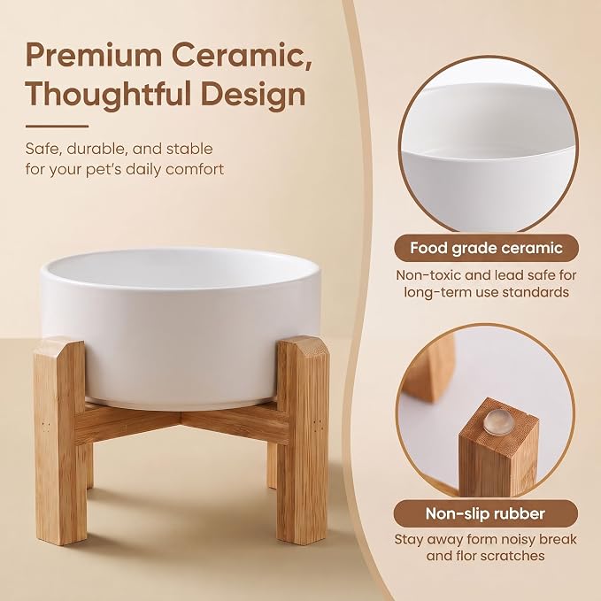 hjn Elevated Ceramic Dog Bowl with Bamboo Stand, Raised Pet Feeding Station for Small Medium Dogs Cats, Modern Design with Anti-Slip Base (White, 3.6Cup)