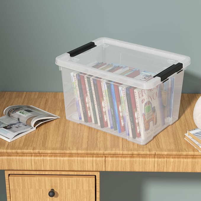 40 Quart Plastic Clear Latching Storage Bin with Wheels, 4 Packs | Stackable Plastic Organizer Totes Box with Lids