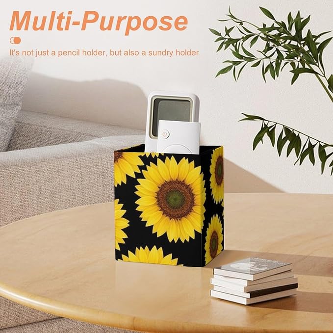 Pen Holder for Men Women, Floral Black Yellow Flowers Sunflower Pen Pencil Organizer Box Makeup Brush Holder Office Supplies Desk Accessories