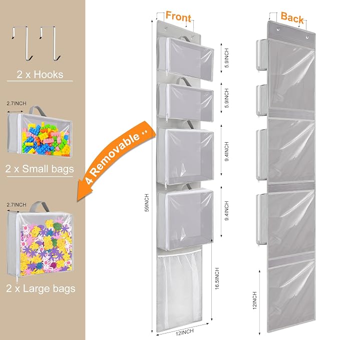 Over Door Organizer and Storage, Hanging Toy Holder with Removable Pouches | Toddler Room Wall Stuffed Animal Storage Bag Case, Kids Playroom Closet Back of Door Organization for Building Block, Puzzle