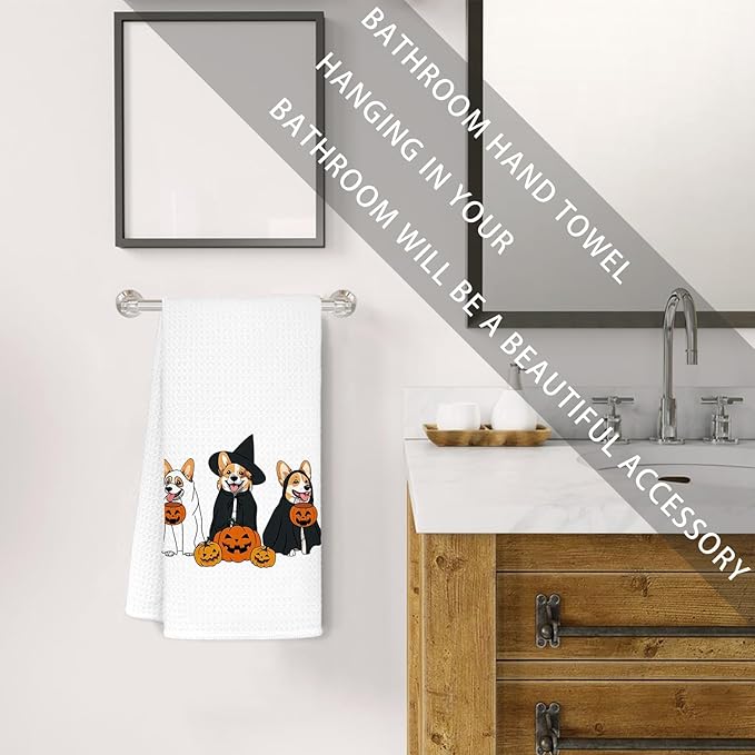 Jvpke Halloween Ghost Corgi Pumpkin Kitchen Towels, Corgi Dish Towels Tea Towels for Kitchen, Halloween Bathroom Hand Towels, 16x24 Inches