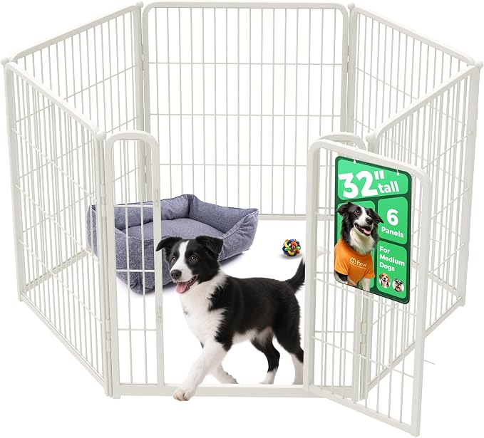 FXW Homeplus Indoor Dog Playpen, 32" H, 6 Panels, for Small & Medium Dogs | Stress-free play, Heavy-duty, Semi-open design, Easy setup, Threshold-free gate, Expandable, Patented