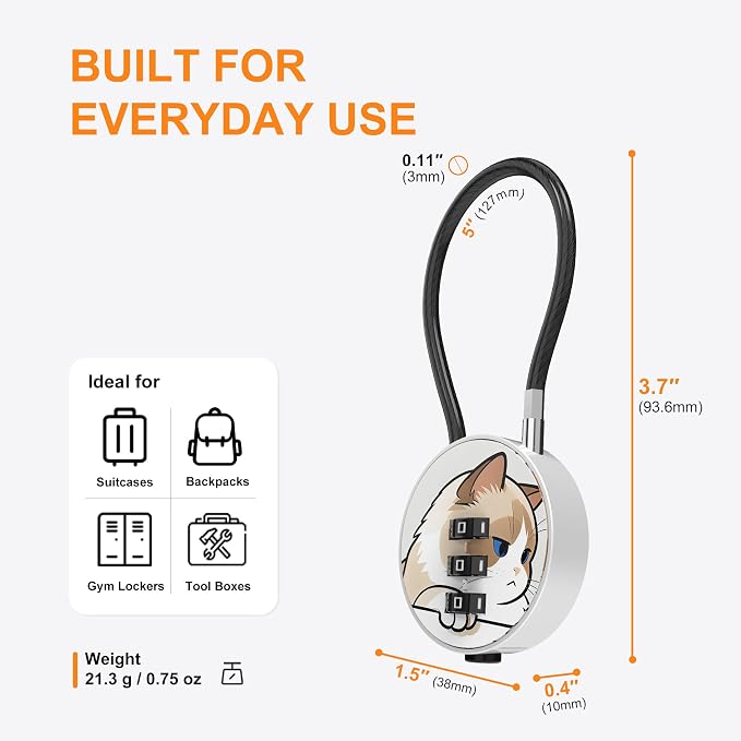 Small Combination Lock for Luggage, Gym Locker, Backpack Bag Zipper, Mini Combo Lock with Code, 5.12 Inch Steel Cable Padlock for Travel Suitcase (4-Cat, Cute)