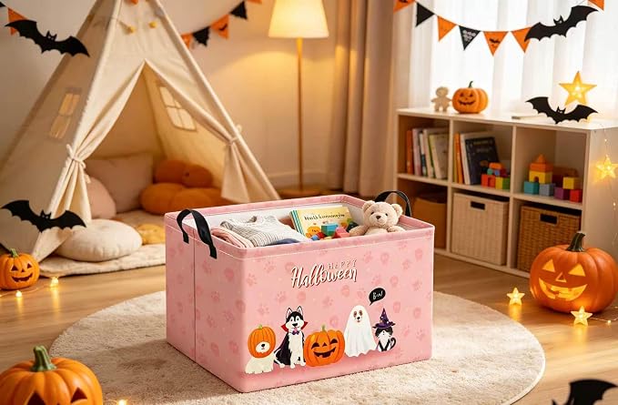 Halloween Basket Cute Baskets for Kids Pumpkin Basket Rectangular Storage Bin Organizer Box Room Decor(Pink Dog Halloween)