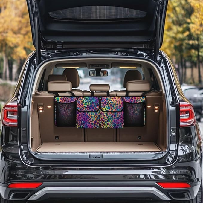 Dreaweet Rainbow Leopard Print Trunk Organizer for Car Women Collapsible Car Trunk Storage Organizer with 4 Pockets Backseat Hanging Organizer for SUV Truck Minivan Auto Accessories Interior