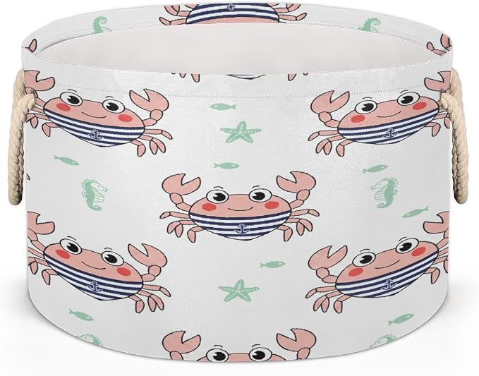 Large Storage Baskets - Nautical Crab Nursery Organizer Bin Box with Handles Collapsible Round Laundry Hamper for Kids Toys Pet Blanket, Bedroom Living Room Home Decor Gift Basket