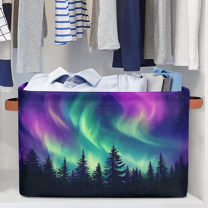 Storage Basket Northern Light Aurora Storage Cube Box Durable Canvas Collapsible Toy Basket Organizer Bin with Handles for Shelf Closet Bedroom Home Office