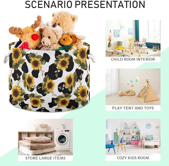 Sunflower Cow Print Collapsible Round Storage Basket with Handles | Yellow Flowers Large Laundry Baskets Hamper, Clothes Organizer Bin for Bedroom Living Room Decor, 20x 20x 14 Inches