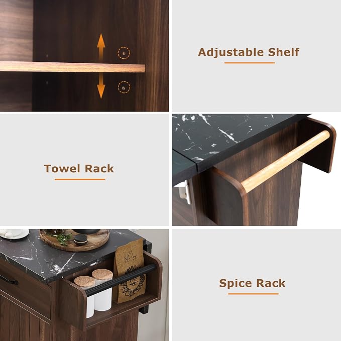 51" Kitchen Island with Trash Can - Rolling Kitchen Island on Wheels with Storage, Farmhouse Movable Kitchen Storage Islands & Carts with Drop Leaf, Marble Texture Wood Top, Walnut Brown