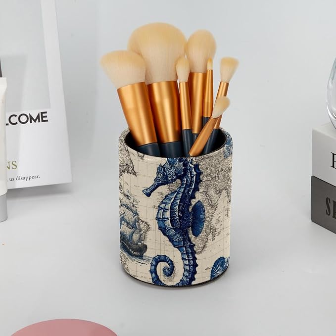 Faux Leather Pen Holder for Desk, Pencil Organizer Retro Seahorse Pen Cup Desk Decor Makeup Brush Holder Storage for Office Home