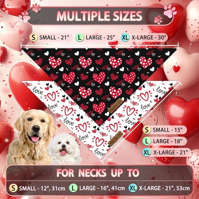 Valentines Day Dog Bandanas, 2-Pack Triangle Reversible Valentine Pet Scarves, Premium Fabric, Bandana for All Boys Girls Dogs (XL, Style 2)