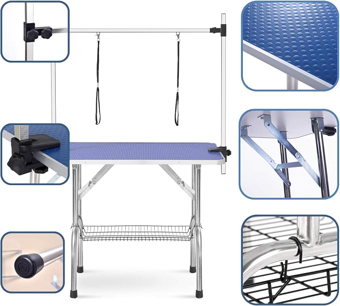 Pet Dog Grooming Table, Adjustable Large Heavy Duty Professional Foldable Trimming Stage with Arms, Noose, Mesh Tray, Maximum Capacity Up to 330LBS, 46''/Blue
