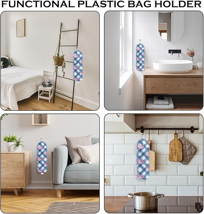 Pink Bow Plastic Bag Holder for Kitchen Essentials, Wall Mount Grocery Bag | Holder for Plastic Bags, Blue White Plaid Reusable Shopping Bags Storage Dispenser for Home Kitchen Pantry, 22.5x9 Inch