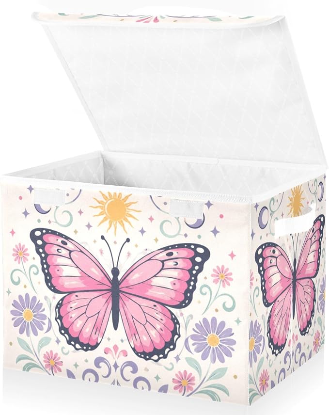 Butterfly Floral Fabric Storage Bins with Lid Foldable Storage Boxes 40L | Decorative Storage Boxes, Foldable & Stackable, Dust-Proof Flip Top, Reinforced Handles, For Home & Dorm, Clothes & Toy Box