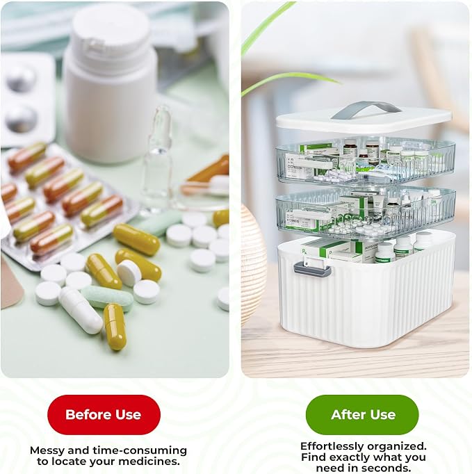 Multi-Tier Medicine Storage Box with Handle | Portable First Aid Organizer for Home, Office & Travel | Large Pill Storage Cabinet with Bonus 7-Day Pill Case (3-Tier & 4-Tier Variants) (3-Tier)