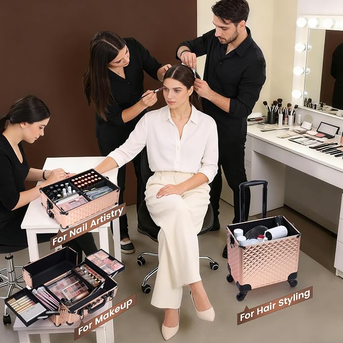 Rolling Makeup Train Case 3 in 1 Professional Cosmetic Trolley Large Storage with keys Swivel Wheels Salon Barber Case Traveling Cart Trunk for Make Up Nail Tech - Vintage Rose Gold | Cosmetic Trolley Large Storage with Keys 360° Swivel Salon Barber Ca...