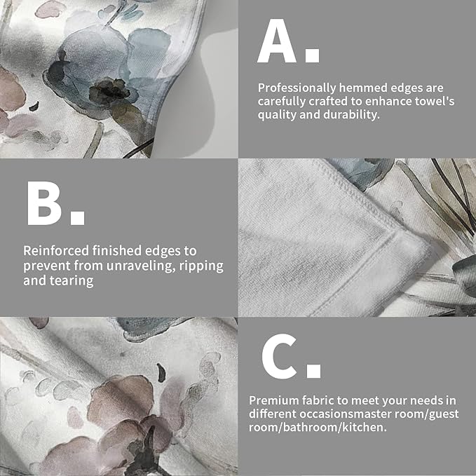 Giwawa Grey Floral Hand Towels Boho Botanical Fingertip Towels Set of 2 Soft Guest Face Towel Bathroom Decorations Thin Kitchen Tea Dish Towels