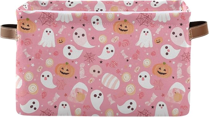 Wamika Halloween Pink Storage Basket with Waterproof Liner and PU Handles Pumpkin Ghost Candy Storage Bins Boxes 14.2" Collapsible Decorative Organizer Baskets for Bedroom Closet Office 1 Pack