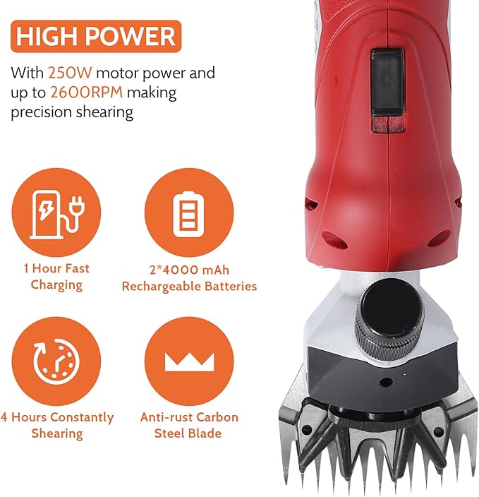 DUCKBOY Professional Cordless Sheep Shears - 250W 18V Electric Rechargeable, Heavy-Duty Livestock Haircut Groomer for Sheep, Horses, Alpacas & Large Dogs (Red)