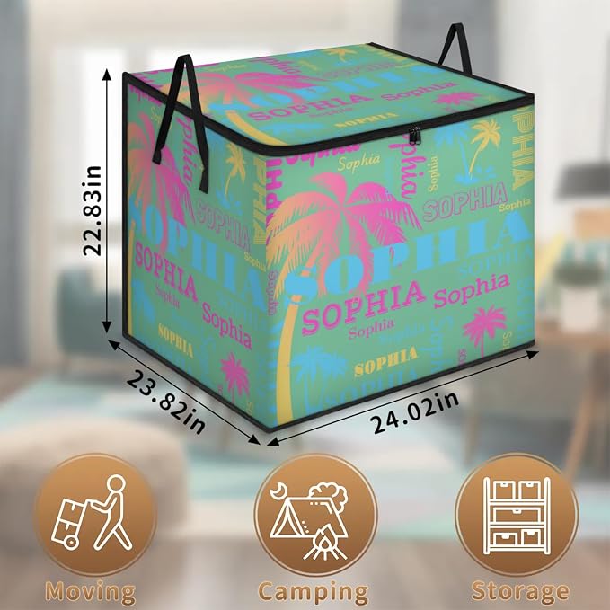 Custom Extra Large Storage Baskets Named with Lid, Personalized Storage Bins Basket Boxes Handles for Clothes Blanket Bedroom Closet Organizing Toys Shelves, Pink Blue Yellow Trees Names Mint Green