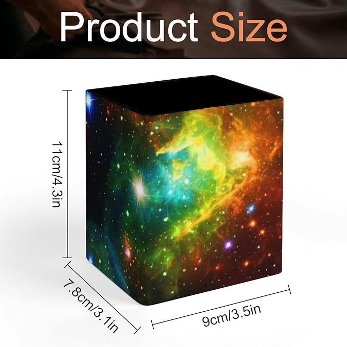 Pen Pencil Holder for Desktop, Pu Leather Stationery Organizer Colorful Rainbow Galaxy Square Pencil Cup Office Accessories Container Box