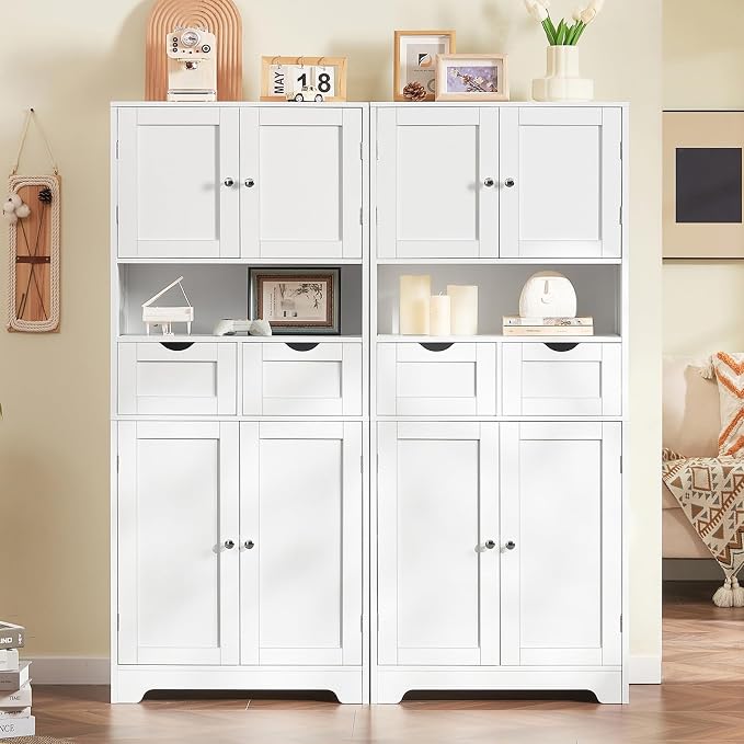 TEENFON 57.8" H Tall Bathroom Storage Cabinet with 4 Doors & 2 Adjustable Shelves, Freestanding Bathroom Cabinet with 2 Drawers, Kitchen Cabinets & Pantry, Cupboard for Kitchen, Dining Room, White
