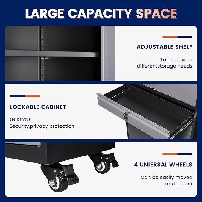 Metal Garage Storage Cabinet with Locking Doors and Adjustable Shelves, -73" Steel Rolling Tool Storage Cabinet with 4 Wheels and 1 Drawer for Garage,Office,Warehouse