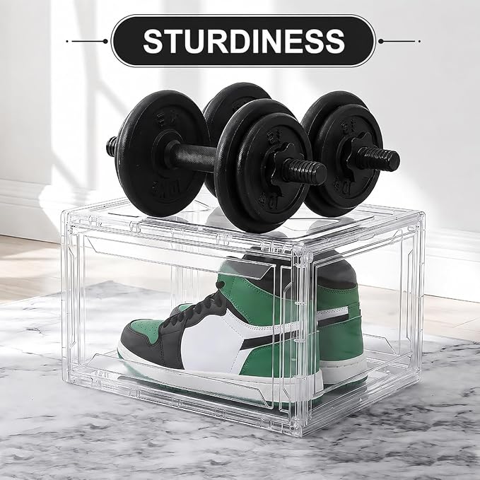 6 Pack Acrylic Shoe Boxes, Ultra Clear Shoe Boxes Stackable, Shoe Storage Box Sneaker Storage for Sneakerhead, Foldable Shoe Organizer with Magnetic Door, Professional Shoe Display Fits US Size 15