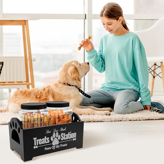 Dog Treat Container With 2 Plastic Jars, Farmhouse Pet Food Storage Organizer for Dogs and Cats (Black)