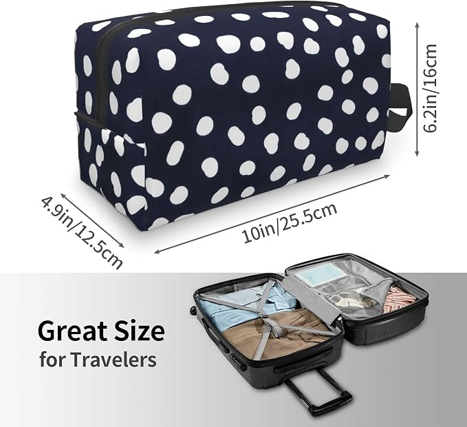 Navy Blue Polka Dot Makeup Bag - Durable 600D Oxford Fabric Travel Cosmetic Bag, Shockproof Foam Padded Toiletry Organizer for Gym & Daily Use 10x6.2x4.9 Inch