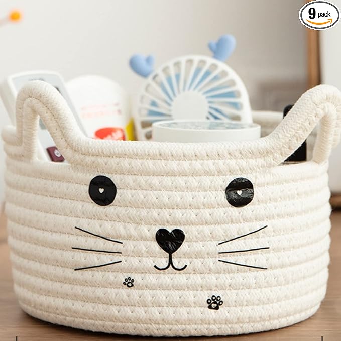 Zopeal Cat Woven Gift Basket, 8.3 x 4.7 Inch, white | Cute Cotton Rope Organizer with Handles for Toy Box, Nursery Decor, Decorative Bin, Pet Supplies Holder, Desk Storage