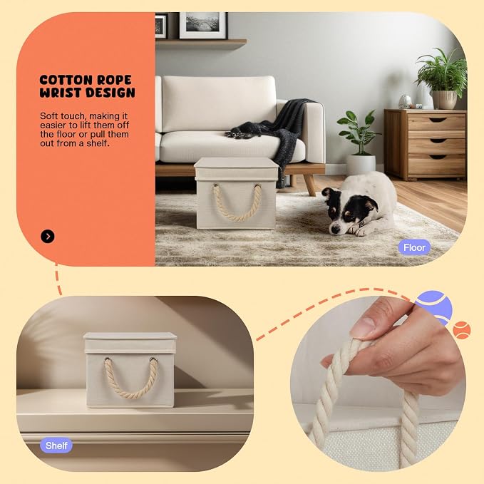 Dog Toy Basket with Lid, Dog Basket for Toys, Dogs Toy Box with Cotton Rope Handles, Collapsible Storage Bins for Pet Toys, Dogs Storage Organizer, Beige&Gray