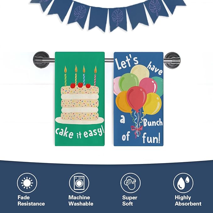 Funny Birthday Cake It Easy Kitchen Dish Towels Set of 2, Let's Have a Bunch of Fun Colorful Balloon Drying Hand Towel Baking Cooking Cloth, Celebration Party Bathroom Home Decoration 18''x26''