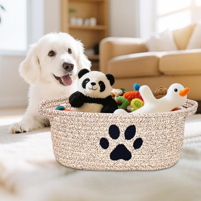 ABenkle Small Woven Basket with Handle, Cute Dog Paw Baskets for Gifts Empty, Decorative Rope Woven Storage Dog Toy Basket, Nursery Baskets for Baby Shower, 12" x 8" x 5"