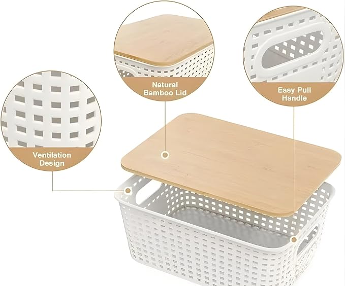 Plastic Storage Bins with Bamboo Lids, 6 Pack Stackable Kitchen Organizer Containers with Natural Bamboo Lids, Pantry Organizer bins for Garlic Onions (Produce & Spice Set)