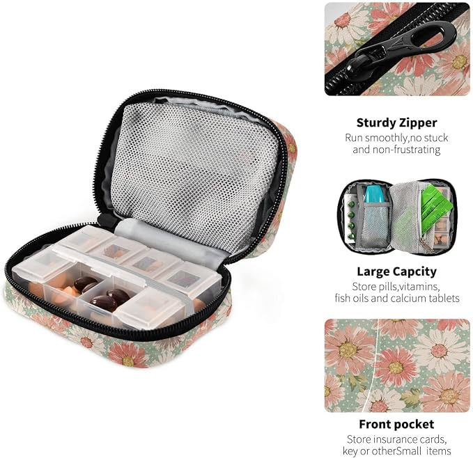 Pill Organizer Vintage Flower Daisy Pill Box 7 Day Pill Case Bag Travel Pill Organizer Bag with Zipper Portable Weekly Case Compact Size for Vitamin Supplement Holder