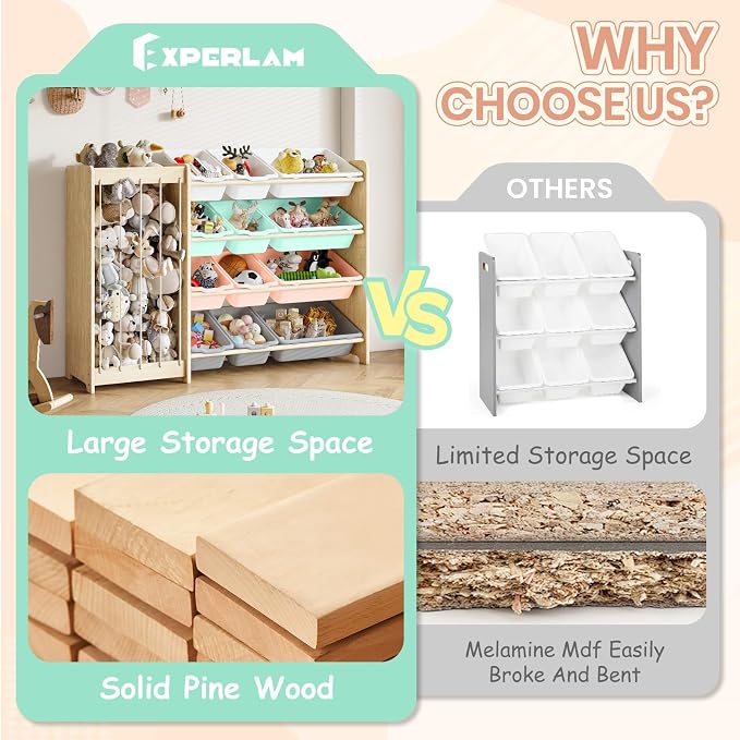 EXPERLAM Kids Toy Storage Organizer, 2-in-1 Stuffed Animal Storage & Toy Organizer w/12 Bins, Solid Wood Toy Rack Featuring Thicker Elastic Ropes to Hold Toys, Playroom Nursery Bedroom Storage, Multi