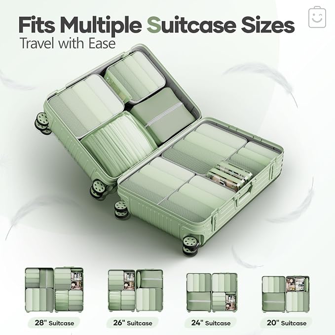 Veken 11 Set Compression Packing Cubes Garment Bags for Travel Essentials,Compressible Expandable Luggage Organizer Bags for Clothing,Space Saver Bags with Over 1000 pcs of Mesh Holes(Matcha Green)