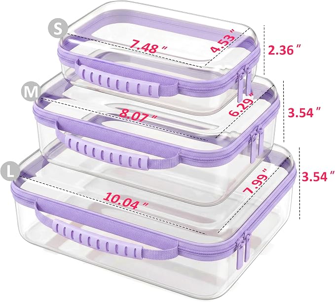 Clear Hard Shell Organizer Cases, 3 Pack with Handle | Durable PET shell with water-resistant, scratch-resistant surface for travel, toiletries, electronics and toys