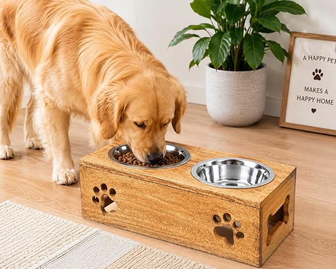 Wooden Dog Cat Pet Feeder Station Stand with 2 Stainless Steel Bowls | Raised Cat Bowl Dogs Bowl Elevated Cat Dog | Pet Dining Table for Cats and Puppy | 16 x 8.5 x 5 Inches