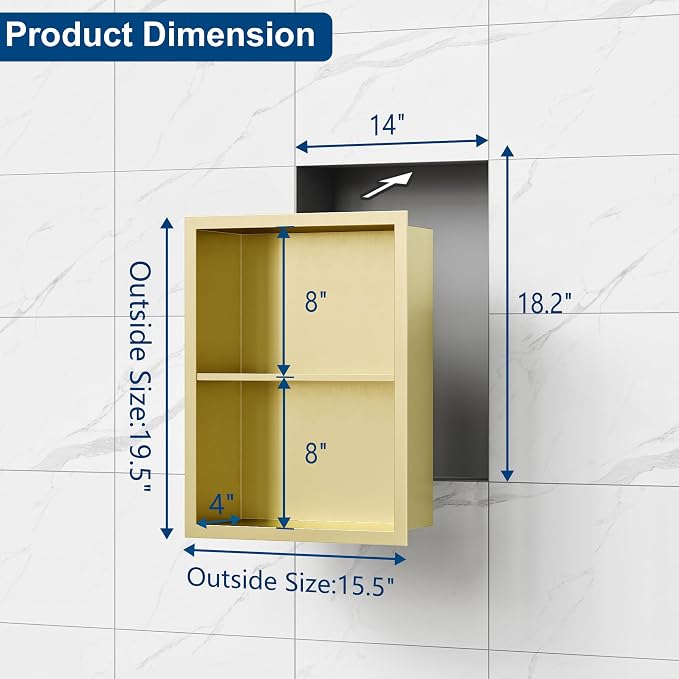 Qeke 14x 18 Medicine Cabinet Recessed with Double Shelves, Brushed Golden | 304 Stainless Steel Medicine Cabinet without Mirror, No Tile Needed Wall Niche for Bathroom Storage, Space Saving & Durable