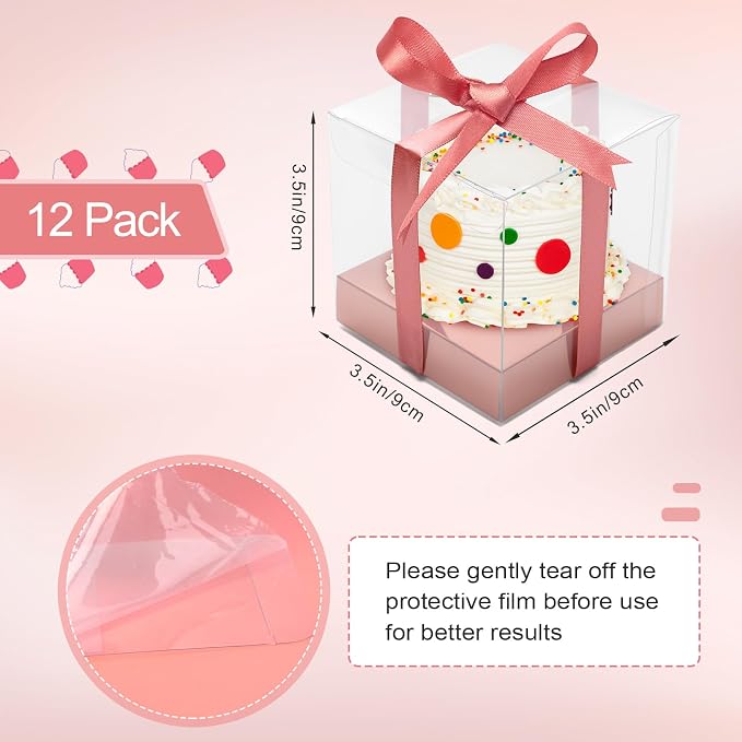 12 PCS Clear Cupcake Boxes 3.5 Inch Cupcake Containers (Rose gold) | Disposable Cupcake Carrier Plastic Individual Cupcake Storage Holder with Ribbons and Inserts for Wedding, Birthday Party