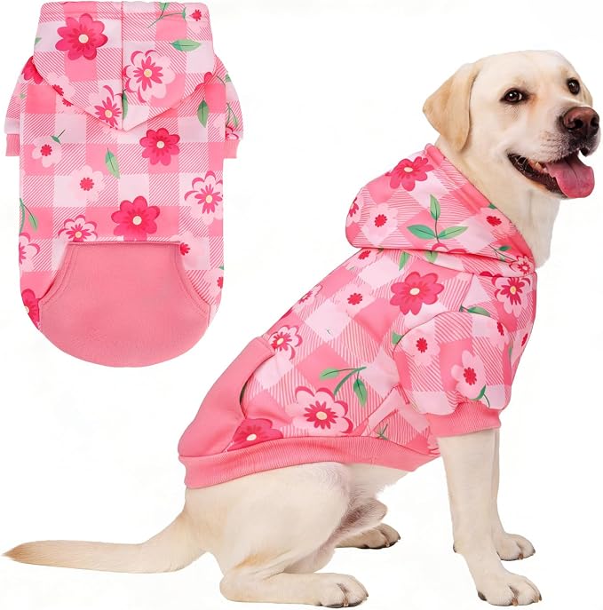 KOOLTAIL Spring Dog Hoodie Pet Clothes Sweater with Hat and Pocket for Medium Large Size Dogs Outdoor Picnic Camping, Insect Protection Anti-Hair Loss, Soft Fleece Dog Hooded Sweatshirt, Pink Flower L